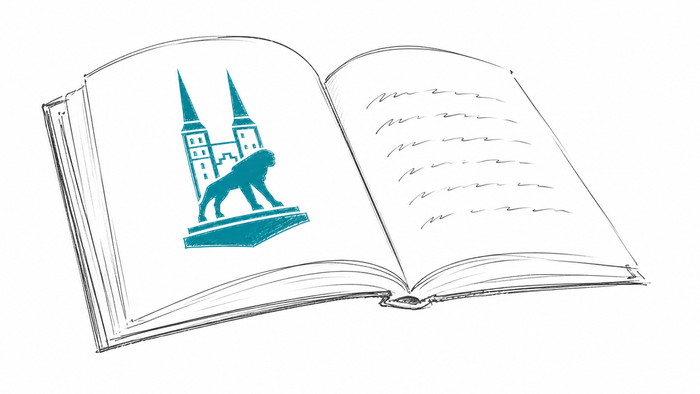 Skizze eines aufgeschlagenen Buches mit Logo des Doms