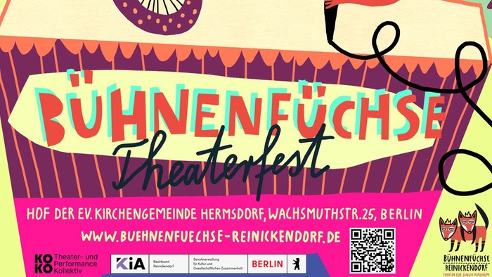 Buntes Plakat für ein Theaterfestival mit animierten Füchsen in verspielten Zirkusnummern, das am 27. Juni 2026 stattfindet.