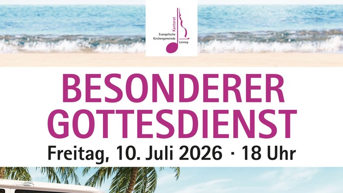 Plakat kündigt einen besonderen Gottesdienst mit Strandfeeling an, mit Musik von Hannah Loch und Guido Dehn am 10. Juli 2026.