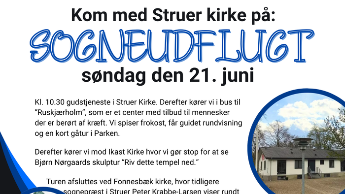 Kirkearrangement – foldere med invitation til guidet rundvisning og morgenmad den 21. juni, inklusive aktiviteter og prisoplysninger.