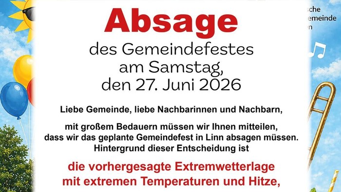 **Hinweis zur Absage des Gemeindefestes wegen extremer Wetterbedingungen mit Angebot eines alternativen Gottesdienstes**