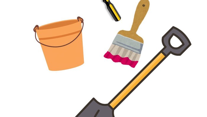 graphics of a bucket, screwdriver, paint brush and a spade