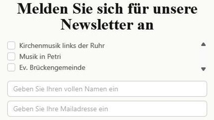 Deutsche Formularvorlage für Newsletter-Anmeldung mit Kontrollkästchen für Musikpräferenzen sowie Eingabefeldern für Name und E-Mail.