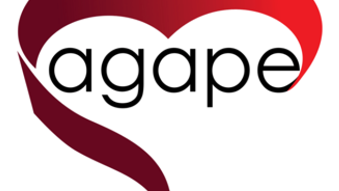 Ein stilisiertes Herz-Logo mit dem Wort „Agape“, das bedingungslose Liebe oder Zuneigung in fetten weißen Buchstaben darstellt.