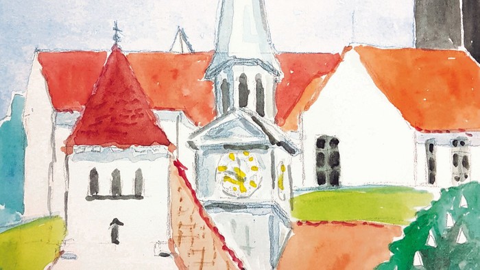 En maleri af en kirke med klokketårn og spir.