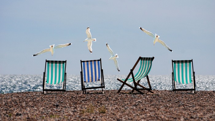 Strand med liggestole og måger