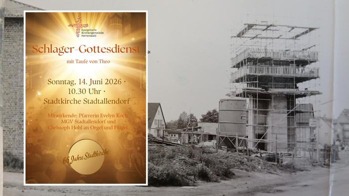 Einladungsplakat für einen Gottesdienst mit Taufe am 14. Juni 2026, mit musikalischen Darbietungen und einem Foto der Baustelle.