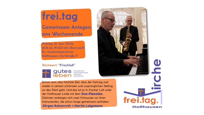 Plakat für ein kostenloses Freitagabend-Konzert mit Klavier- und Saxophonmusik in Holthausen.