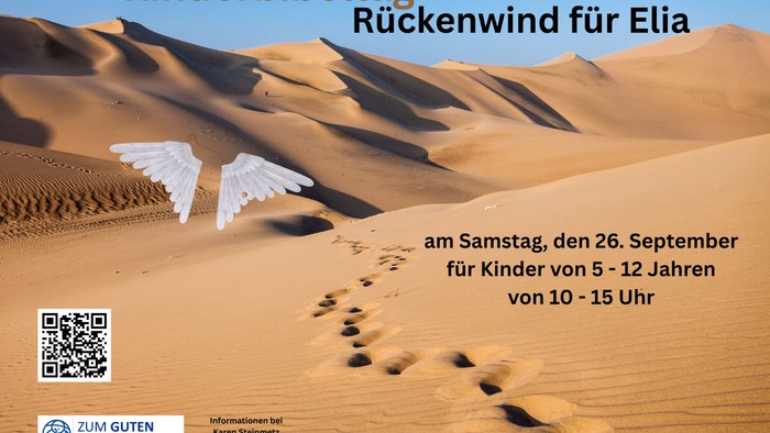 Fußspuren führen durch eine Wüste, Engelsflügel schweben darüber
