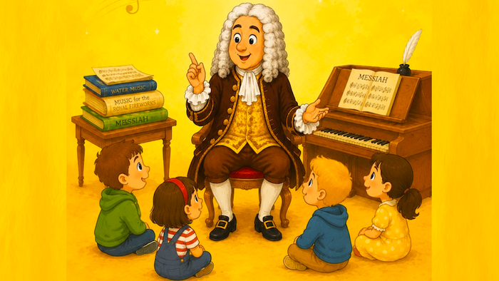 Ein fröhlicher Komponist unterrichtet Kinder über Musik in der Nähe eines großen Klaviers mit Notenblättern, die den Titel „Messias“ tragen.