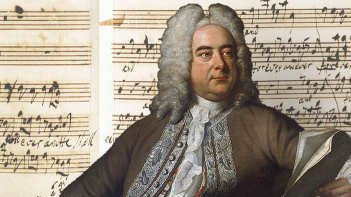 Barocker Komponist mit aufwendiger Perücke, der Notenblätter hält, umgeben von seiner musikalischen Notation.