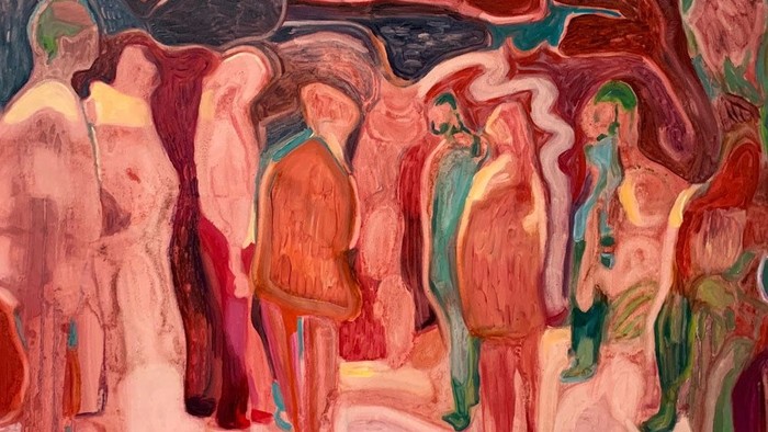 Ein farbiges Kunstwerk, das Menschen schemenhaft zeigt.