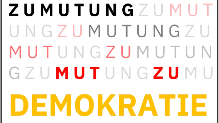 grafisches Wortspiel auf Bildbasis mit dem Wort Demokratie und damit verbundenen Wörtern