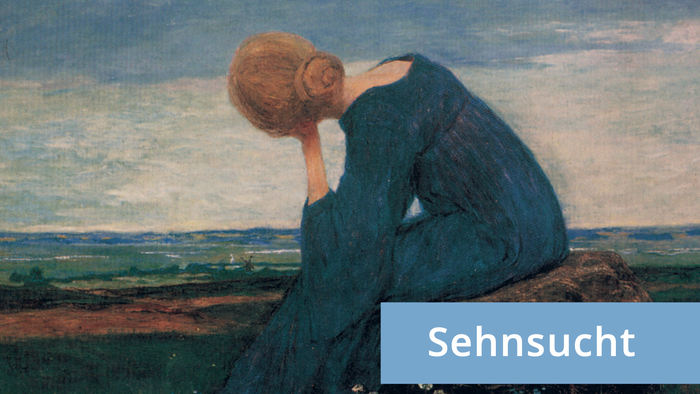 Eine nachdenkliche Gestalt sitzt allein in einer friedvollen Landschaft und verkörpert eine tiefe Sehnsucht, die im Deutschen als *„Sehnsucht“* bezeichnet wird.