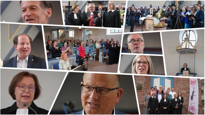 Fotocollage vom Festgottesdienst zum 250. Jubiläum der Evangelischen Kirche Götzenhain mit Eindrücken von Predigt, Musik, Grußworten und Gemeinde. Zu sehen sind zahlreiche Mitwirkende und Gäste in der festlich gefüllten Kirche sowie ein Gruppenfoto.