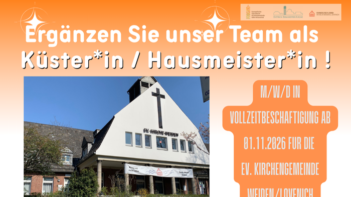 Stellenausschreibung für eine Vollzeitstelle als Hausmeister:in/Hausverwalter:in in einer Kirchengemeinde mit vielfältigen Aufgaben und Benefits.