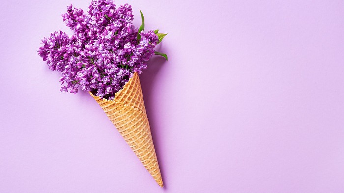 En fantasifuld vaffelis fyldt med livlige lilla syrenblomster på en blød lyserød baggrund.