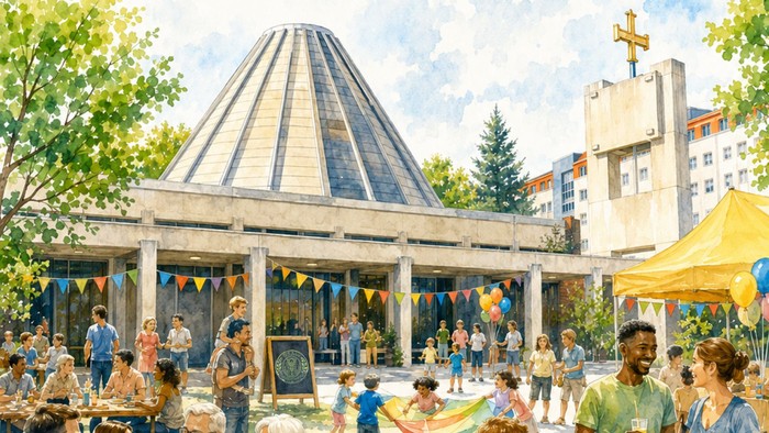 Plakat für ein sommerliches Gemeindefest mit einem lebhaften Open-Air-Event mit Essen, Spielen und Familienaktivitäten.