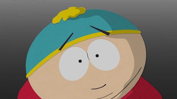 Cartoon character wearing a blue hat with a yellow band and a red shirt.
