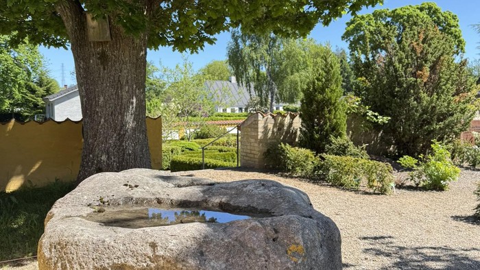 Stor sten på kirkegården fungerer som fuglebad