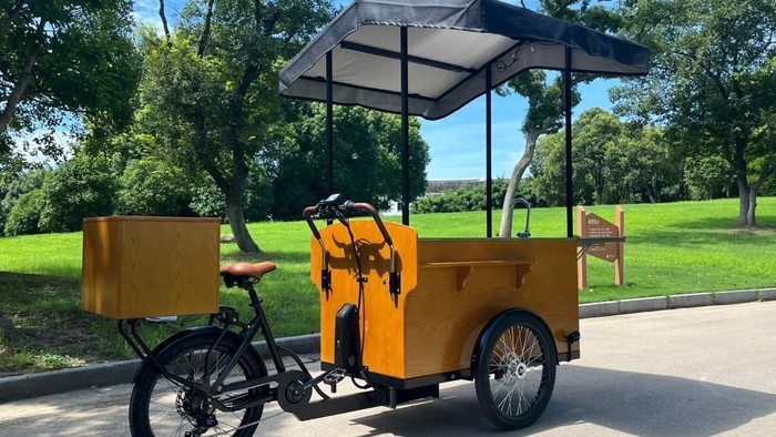 Ein gelber pedalbetriebener Wagen mit Überdachung und Aufbewahrungsboxen, der in einem Park abgestellt ist.