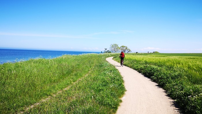 Ein Fahrrad wird am Meer gefahren 