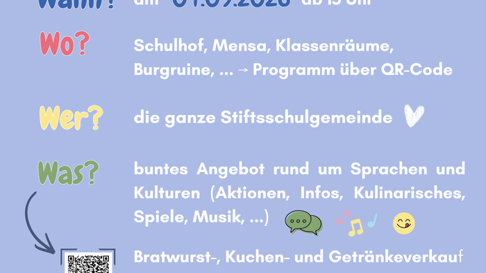 Das Schulfest findet am 04.09.2026 ab 15 Uhr auf dem Schulgelände der Stiftsschule statt.