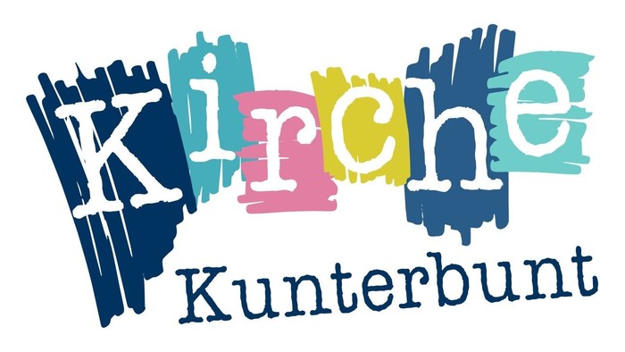 Buntes, künstlerisches Logo für „Kirche Kunterbunt“ mit verspieltem, fragmentiertem Schriftzug.