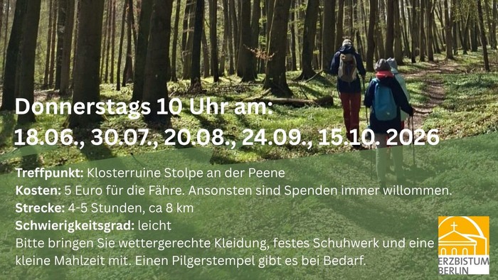 Plakat für eine Pilgerreise durch Vorpommern mit Angaben zu Terminen, Kosten und Routeninformationen.