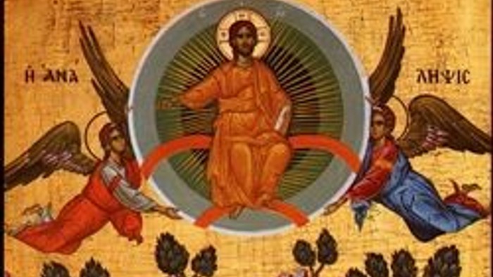 Billedet forestiller en religiøs scene med Jesus og engle.