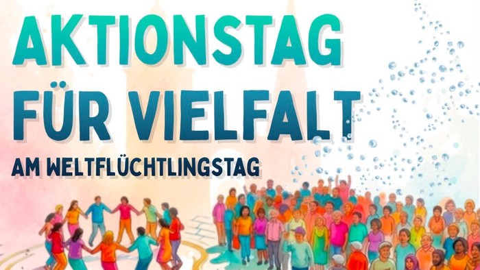 Aktionstag-Plakat zur Förderung von Vielfalt und Zusammenhalt zum Weltflüchtlingstag am 20. Juni 2026 in Jüterbog.