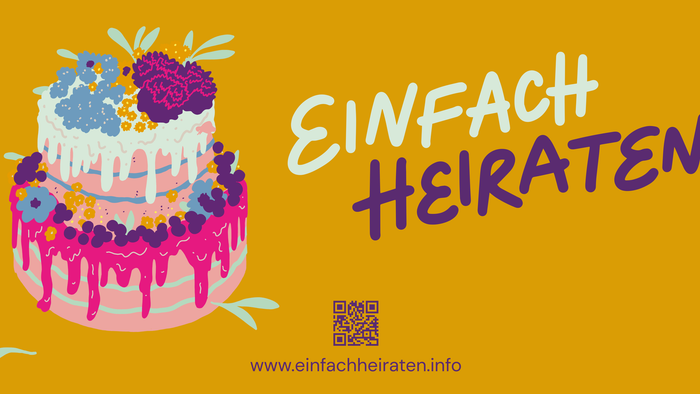 Bunte dreistufige Hochzeitstorte mit dem Text „EINFACH HEIRATEN“ und einem Website-QR-Code auf orangefarbenem Hintergrund.