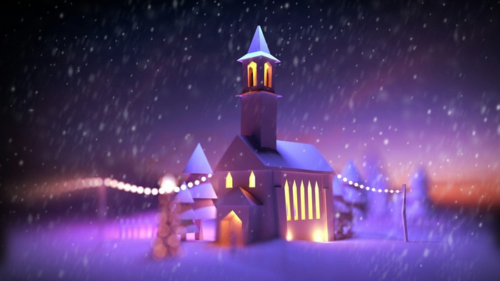Eine stilisierte, beleuchtete Kirche in einer verschneiten Nachtlandschaft mit funkelnden Lichterketten und fallenden Schneeflocken.
