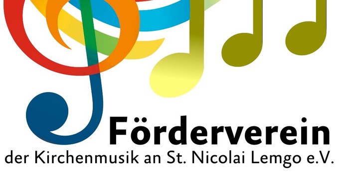 Logo für den Förderverein der Kirchenmusik an St. Nicolai Lemgo e.V., gestaltet mit bunten Noten und einem Violinschlüssel.