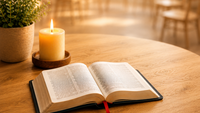 Geöffnete Bibel auf einem Holztisch mit brennender Kerze und Topfpflanze in ruhiger Raumatmosphäre.