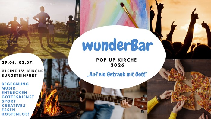Werbeplakat für die „wunderBar“-Pop-up-Kirche mit Musik, Essen und Gemeinschaftsaktivitäten vom 29. Juni bis 3. Juli 2026.
