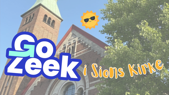 Reklamegrafik, der opfordrer til at besøge Sions Kirke med et legende sol-tema-slogan: