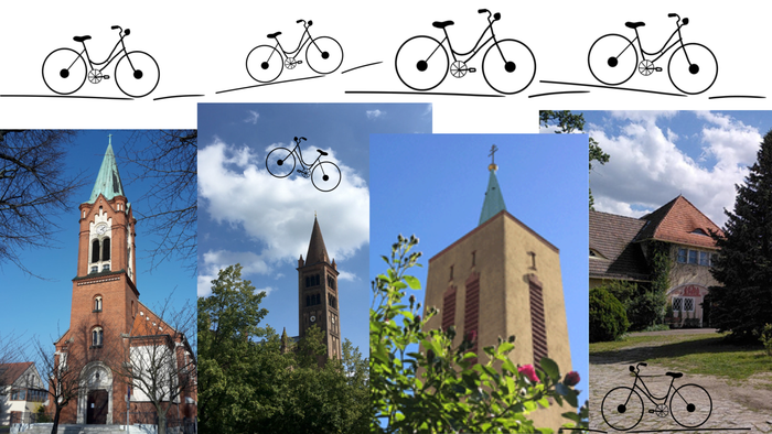 Eine Collage aus Fahrrädern über vier europäischen Gebäuden im Stil mit je einer Fahrradsilhouette in jeder Szene.