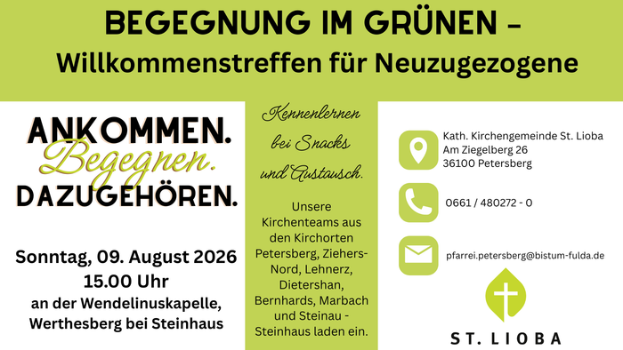 Willkommenstreffen für neue Bewohner in Petersberg, das am 9. August 2026 durch Snacks und Gespräche zum Kennenlernen und zur Integration einlädt.