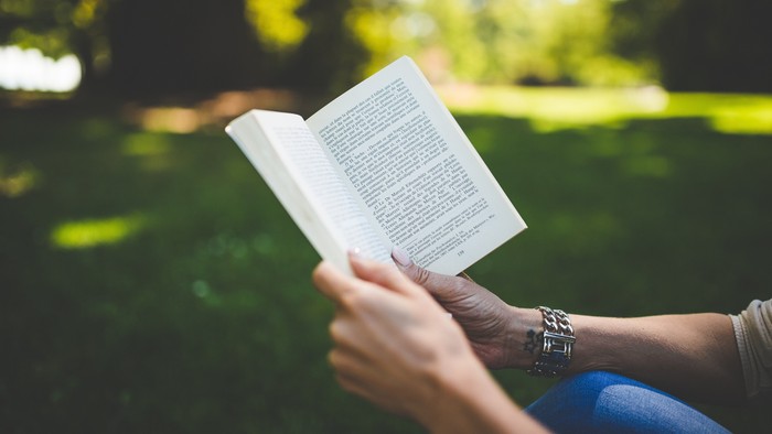 Eine Person liest im Freien ein offenes Buch auf einer sonnigen, grasbewachsenen Fläche.