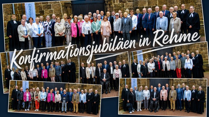 Gruppenfeierfotos zu Konfirmationsjubiläen in Rehme mit Teilnehmern in festlicher Kleidung.