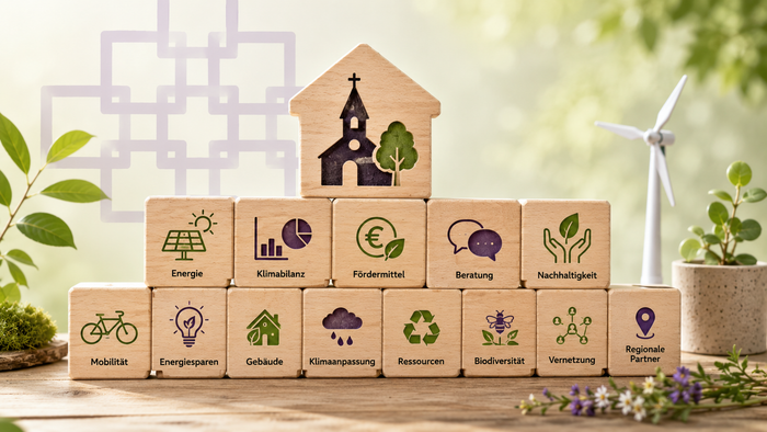 Auf einem Holztisch sind Holzbausteine zu einer stilisierten Kirche aufgebaut. Die einzelnen Bausteine tragen Symbole und Begriffe rund um Klimaschutz und Nachhaltigkeit. Im Hintergrund sind Pflanzen und ein Windrad zu sehen.