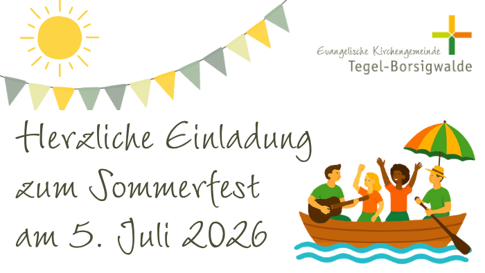 Einladung zu einem Sommerfest am 5. Juli 2026 mit einer fröhlichen Bootsszene und festlichen Dekorationen.