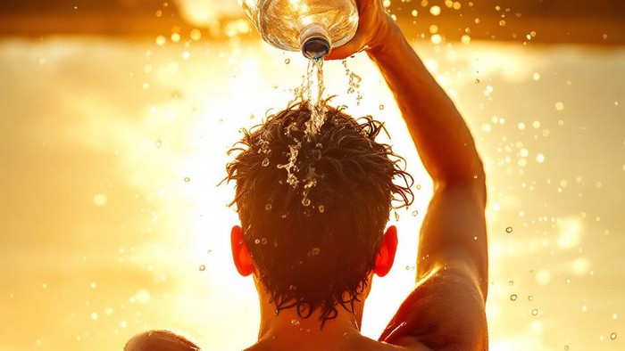 Person gießt sich an einem hellen, sonnigen Tag Wasser über den Kopf, um sich abzukühlen.