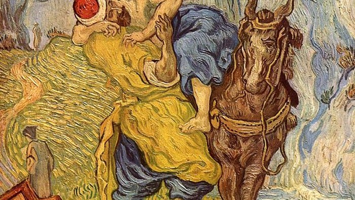 Gemälde von van Gogh. Mann in orientalischer Kleidung wuchtet eine Mann mit nacktem Oberkörper auf ein Maultier. Am Rand des Weges, der in ein Gebirge führt, liegen eine offene Schachtel, leer, und Kleidungsstücke. Auf dem Weg sind in einigem Abstand zwei