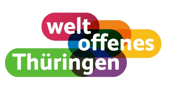 Buntes Logo für „weltoffenes Thüringen“, das ein offenes und global engagiertes Thüringen fördert.