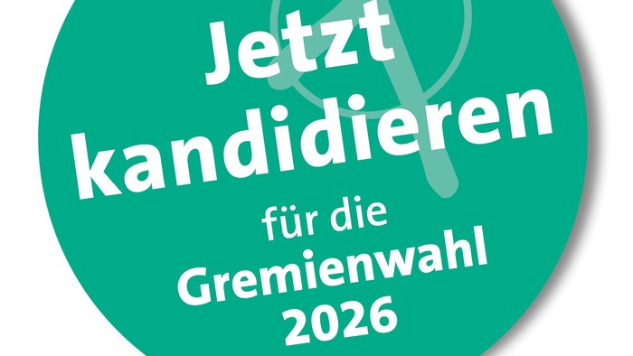 Ein grüner runder Aufkleber, der Kandidat:innen zur Teilnahme an den Gremienwahlen 2026 motiviert.
