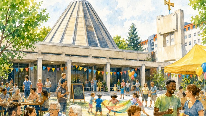 Plakat für ein sommerliches Gemeindefest mit einem lebhaften Open-Air-Event mit Essen, Spielen und Familienaktivitäten.