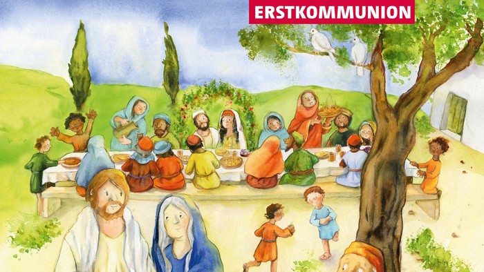 Illustrierte Szene von Jesus bei einer Erstkommunionfeier mit fröhlicher Versammlung und traditionellen Tonkrügen.