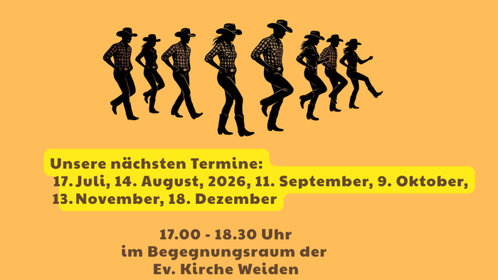 Flyer für Line-Dance-Event mit monatlichen Sessions zum Tanzen und Stressabbau zu Country- und Popmusik.